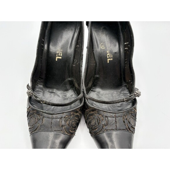 Chanel Black Leather Mary Jane Pointed Toe Heels w/ Camellia Accents Sz EU 38 8 - Picture 6 of 13